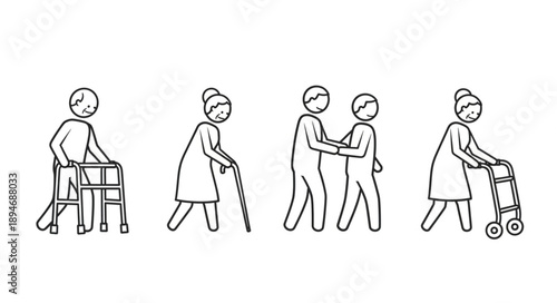 Elderly people using walking aids for mobility support.