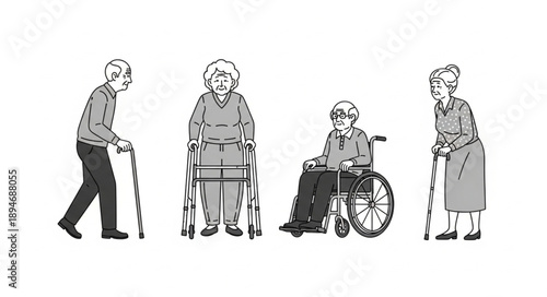 Elderly people with mobility aids illustration.