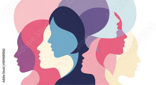 Diverse group of women faces in various colors and profiles symbolizing unity and diversity in a modern flat design illustration