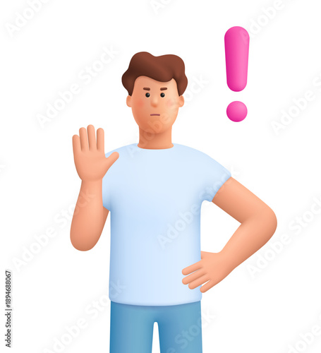 Serious man James raising her hand in a stop gesture with a pink exclamation mark. Warning, alert, refusal and attention concept. 3d vector people character. Cartoon minimal style.