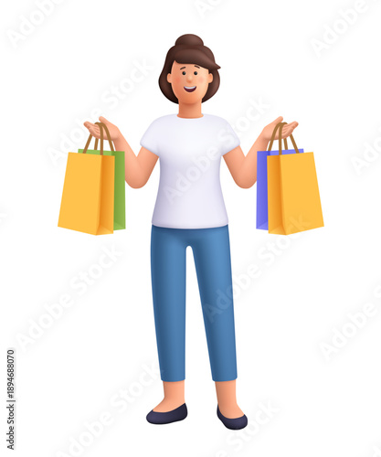 Young smiling woman Jane holding shopping bags in both hands. Delivery, shopping, retail, consumerism, sale, discount and commerce concept. 3d vector people character. Cartoon minimal style.