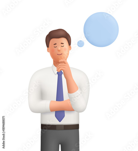 Young man Ted with closed eyes and hand on her chin, thinking and dreaming. Mind behavior, mental mindset, imaginative thinking concept. 3d vector people character. Cartoon minimal style.