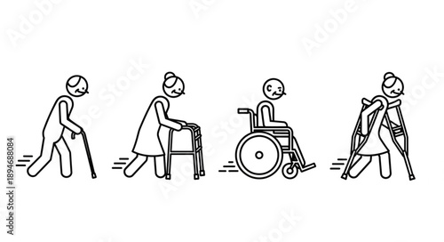 Elderly people with mobility aids showing different stages of aging.