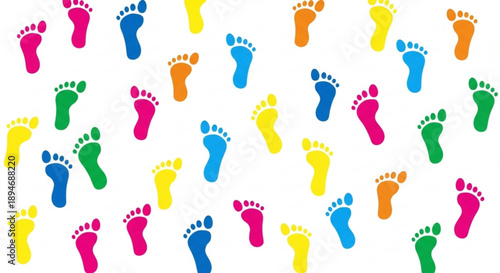 Colorful footprints pattern with diverse vibrant foot shapes on white background symbolizing movement and creativity
