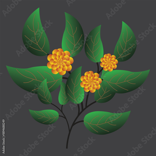 Abstract plant decorative green leaves, yellow floral vector art elements.
