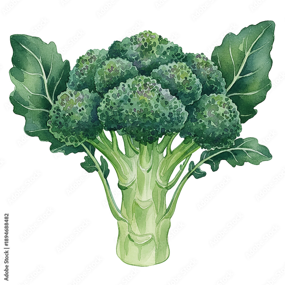 Fototapeta premium Vibrant Green Broccoli Florets and Stems with Leaves Hand Painted in Watercolor Style