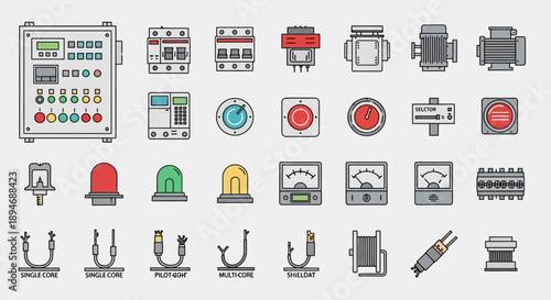 Electrical components and equipment icons set.