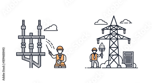 Electrical Engineer Inspecting Power Lines and Tower.