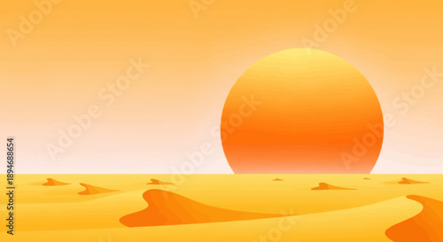 Minimalist desert landscape illustration with sand dunes and a glowing orange sun at sunrise or sunset, creating a serene and vast wilderness scene