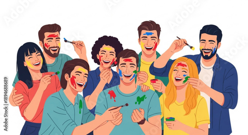 Diverse group of friends laughing and playing with colorful paints celebrating a festival or party isolated on white background