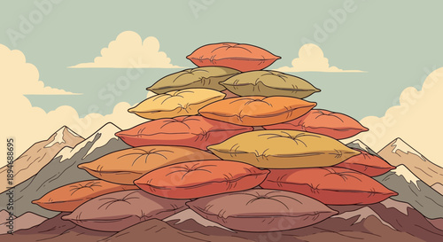 A large, colorful pile of cushions stacked precariously on a rocky mountain peak, with rolling hills and a cloudy sky in the background