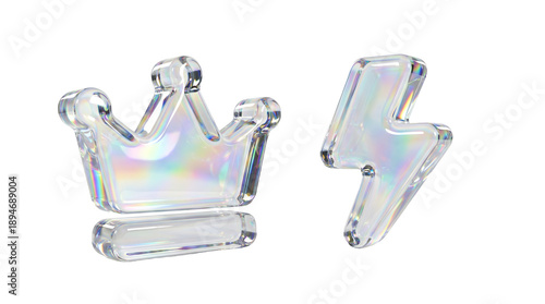 Set of crown and lightning bolt icons in holographic glass style with prismatic reflections
