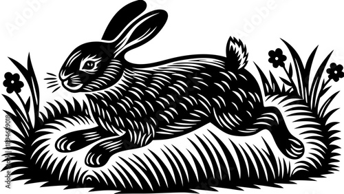 A black and white illustration of a rabbit leaping over a log in a grassy field with flowers