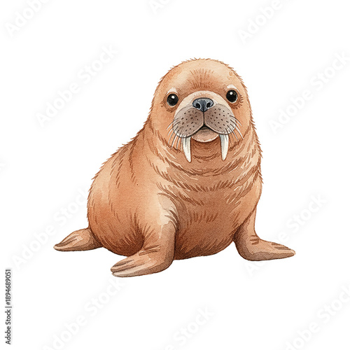 A cute baby walrus pup sitting calmly on ice with a sweet expression watercolor illustration