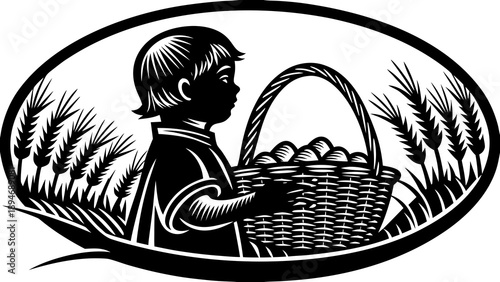 A young farmer harvesting fresh produce from a wheat field, carrying a wicker basket, viewed from the side in a serene landscape