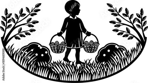 A young girl stands in a lush field holding two baskets amidst plants and foliage.