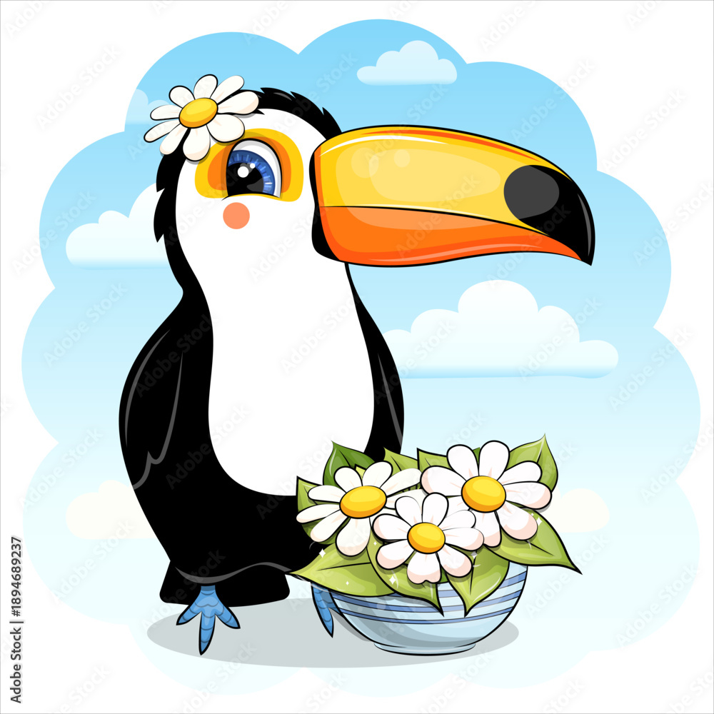 Fototapeta premium Cute cartoon Toucan with flower pot. Vector illustration of animal on blue background with clouds.