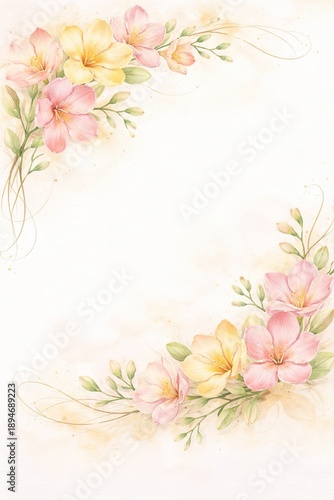 Light watercolor border of pink and yellow blossoms with airy leaves framing generous white space, ideal for invitations, greeting cards, or elegant stationery layouts.