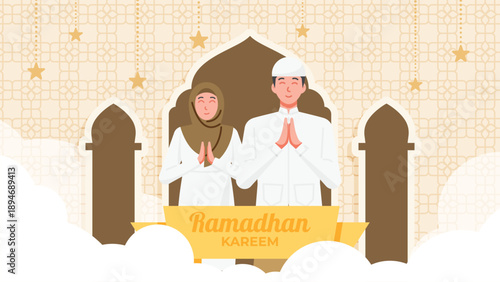 Ramadhan Kareem greeting illustration with mosque silhouette and muslim characters praying