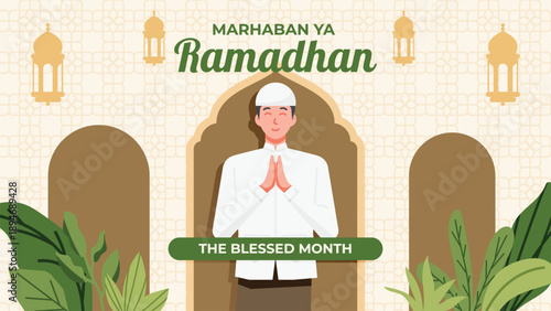 Marhaban Ya Ramadhan greeting card with muslim man praying and islamic architecture