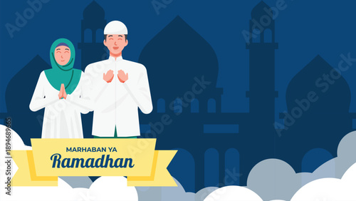 Marhaban Ya Ramadhan greeting illustration with muslim woman praying