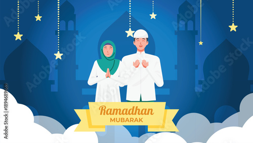 Ramadhan Kareem greeting with muslim man praying and tropical night background