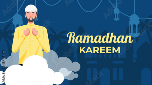 Ramadhan Mubarak blue greeting card with muslim family praying illustration