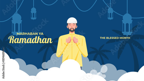Ramadhan Kareem greeting card with muslim family praying on cloud illustration