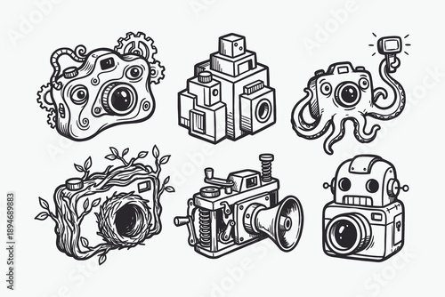 Collection of hand-drawn conceptual vector camera illustrations in various creative styles.