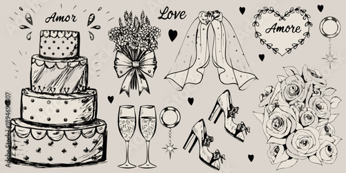 Vintage wedding illustrations cake bouquet shoes and celebratory details