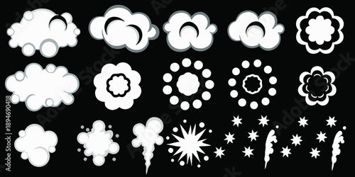 Collection of various white explosion and impact effects on black background