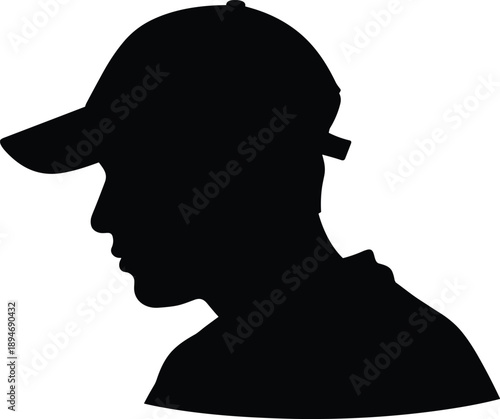 Vector, black, silhouette, illustration, of, a, man, wearing, a, baseball, cap, in, side, profile, view, for, identity, fashion, and, character, avatar, graphic, designs