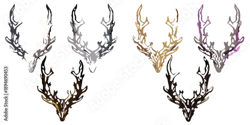 Five stylized deer heads with ornate antlers in varied colors