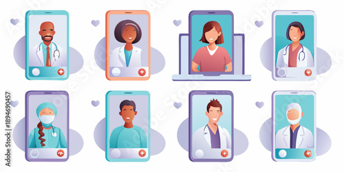 Diverse doctors providing telehealth consultations via smartphone video calls