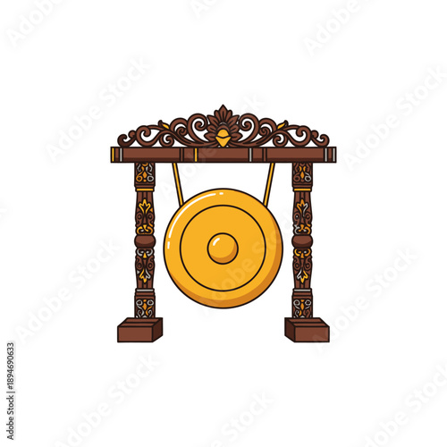 Traditional Asian Gamelan Gong Illustration with Ornate Carvings.