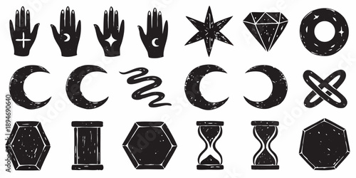 Collection of mystical symbols including hands stars and geometric shapes