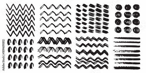 Abstract black and white brushstroke patterns arranged in a grid