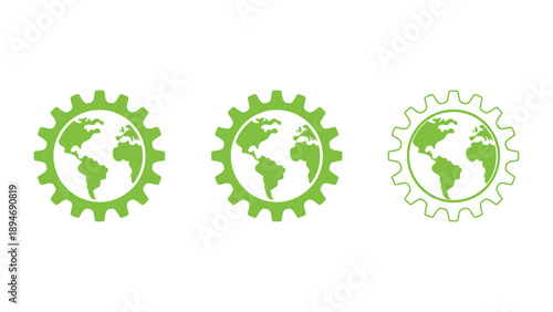 Three green gear icons with a globe in the center on a white background