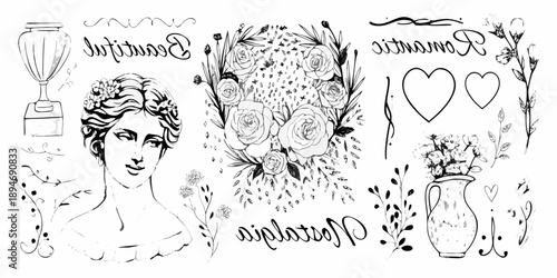 Vintage floral arrangement with classical bust and decorative elements