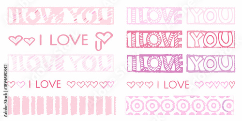 Repeating i love you text and heart motifs in pink and purple