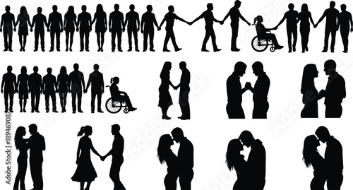 Vector, black, silhouettes, of, diverse, people, holding, hands, in, lines, and, couples, embracing, including, wheelchair, users, for, unity, inclusion, and, relationship, design, concepts
