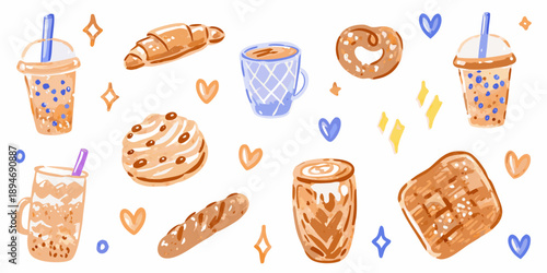 A colorful assortment of illustrated breakfast pastries and refreshing beverages