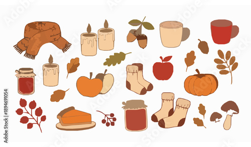 Hand drawn autumn doodle vector set with cozy fall elements and cute seasonal stickers