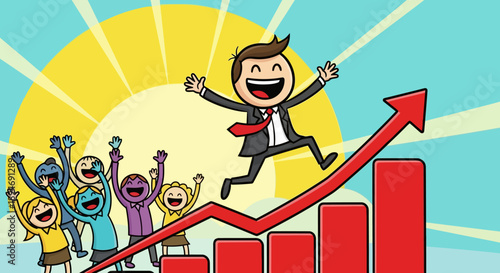 Excited businessman celebrates success on rising graph with cheering team.