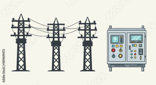 Electrical power transmission towers and control panel illustration.
