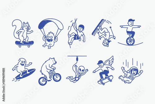 Cute Collection of Cartoon Characters and Animals Doing Extreme Sports and Fun Adventure Activities