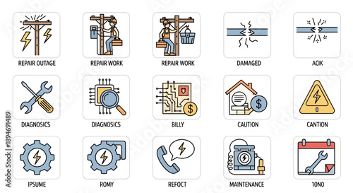 Electrical repair and maintenance icons set.