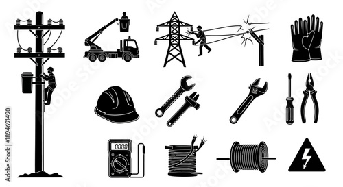 Electrical worker performing maintenance on a power pole with tools and equipment.