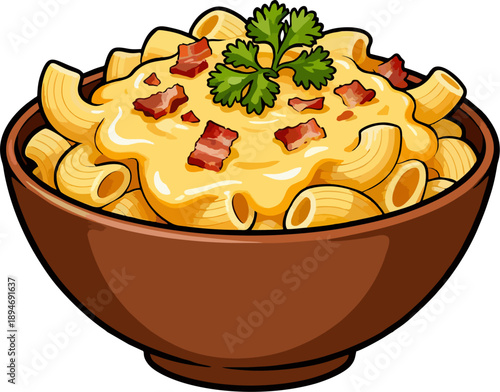 Creamy macaroni and cheese with bacon bits and parsley in wooden bowl, cartoon food illustration