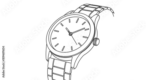 Elegant Wristwatch with Metal Band Line Art Illustration.